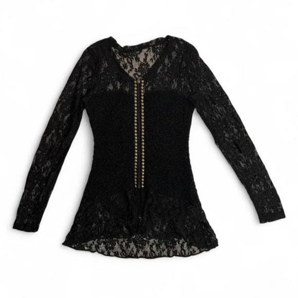 Unbranded Lace Zip Up Top Womens S Black Studded Boucle Y2K Goth Grunge