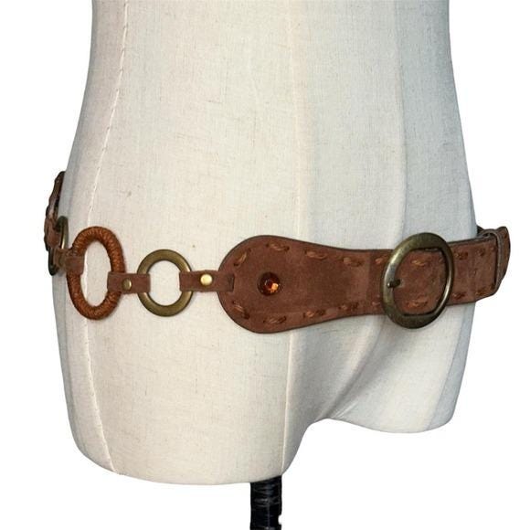Unbranded Chain Link Belt Women M/L Brown Fair Boho Gemstone Whipstitch Y2K