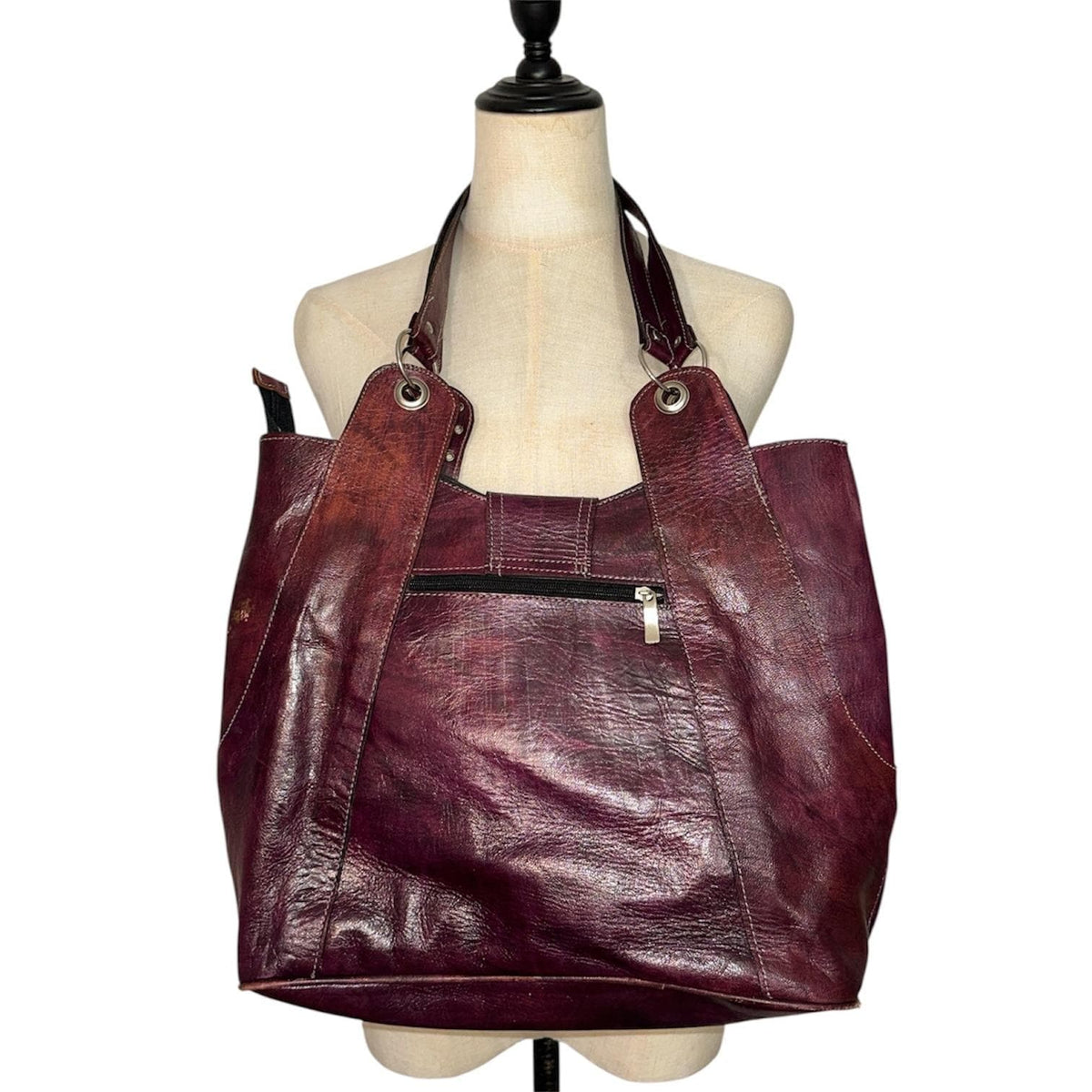 Unbranded Leather Studded Tote Bag Women Large Burgundy Y2K Boho 2000s