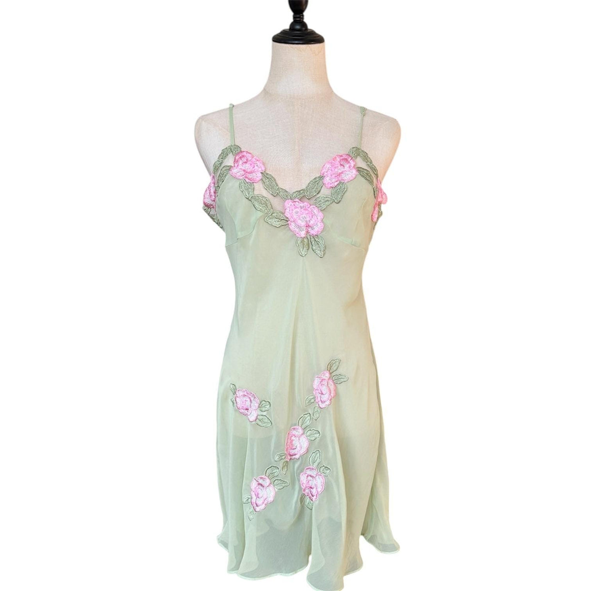 La Vie En Rose Chemise Women XL Green Pink Floral Embroidered Fairycore Night