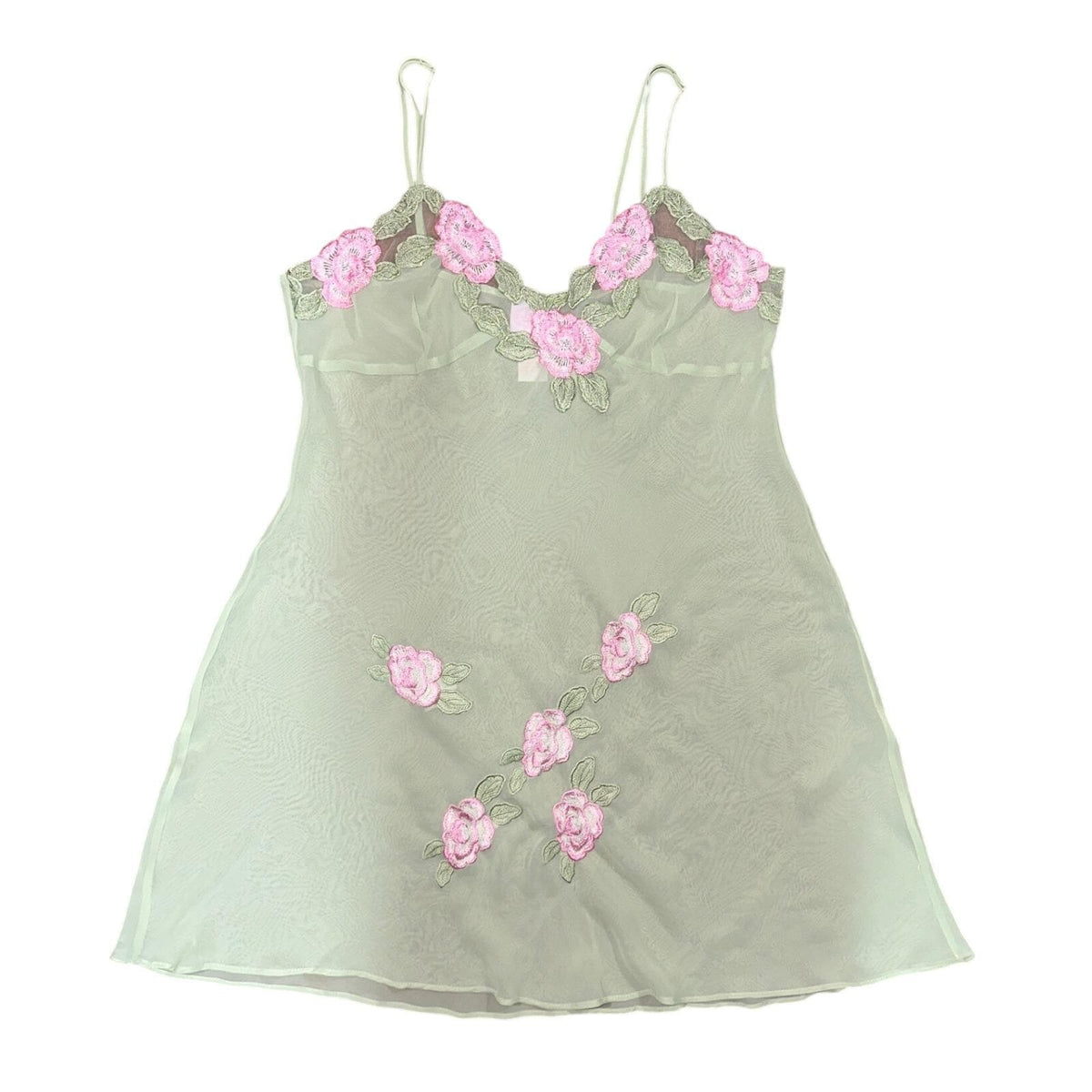 La Vie En Rose Chemise Women XL Green Pink Floral Embroidered Fairycore Night
