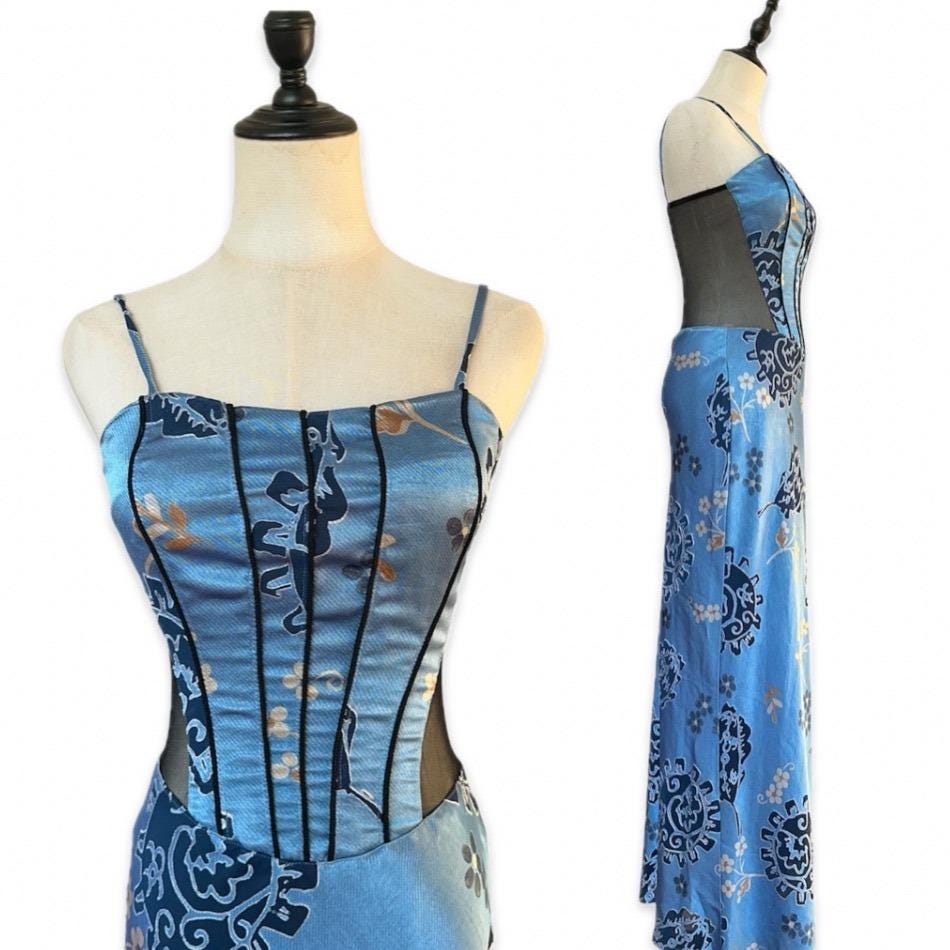 Georgette Maxi Dress Women Small Blue Floral Mesh Corset Y2K Vintage 90s USA
