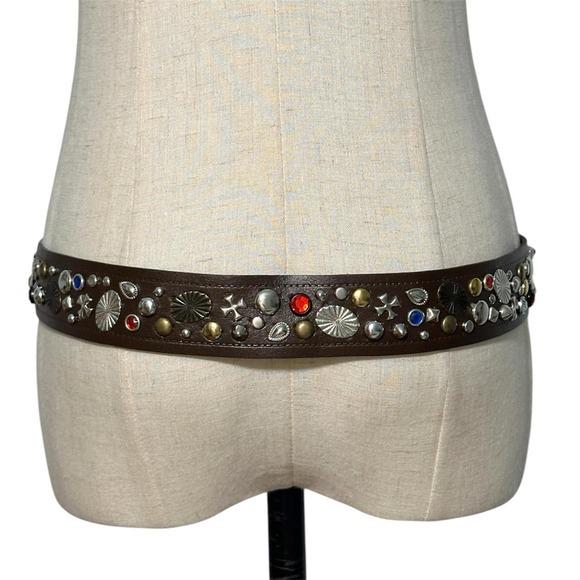 Studded Leather Belt Womens L Brown Mixed Metal Gemstone Y2K Boho Western 44in