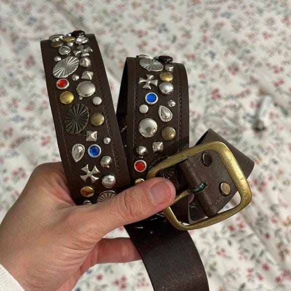 Studded Leather Belt Womens L Brown Mixed Metal Gemstone Y2K Boho Western 44in