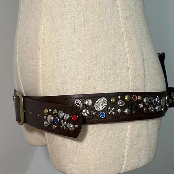 Studded Leather Belt Womens L Brown Mixed Metal Gemstone Y2K Boho Western 44in