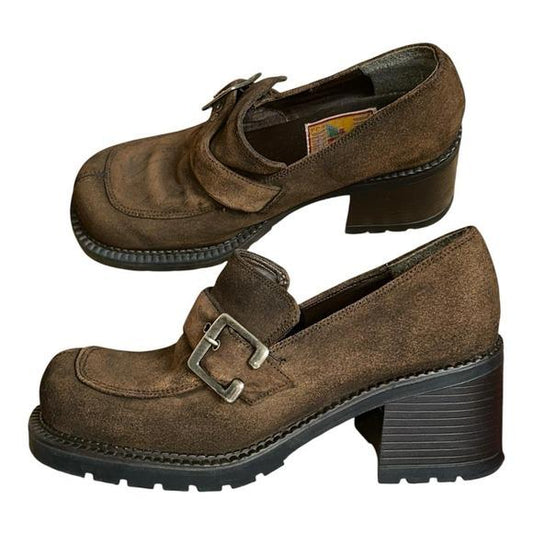Transit Terrain Chunky Loafers Womens 37 Brown Suede Buckle Lug Sole 90s Grunge
