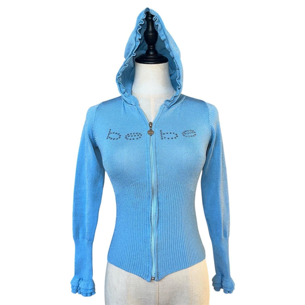 Bebe Zip Up Crop Hoodie Womens S Blue Rhinestone Ruffle Y2K Shimmer Knit 2000s