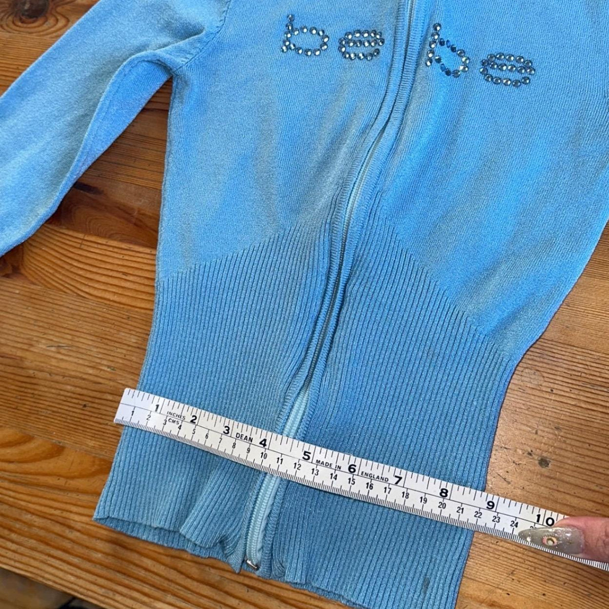 Bebe Zip Up Crop Hoodie Womens S Blue Rhinestone Ruffle Y2K Shimmer Knit 2000s