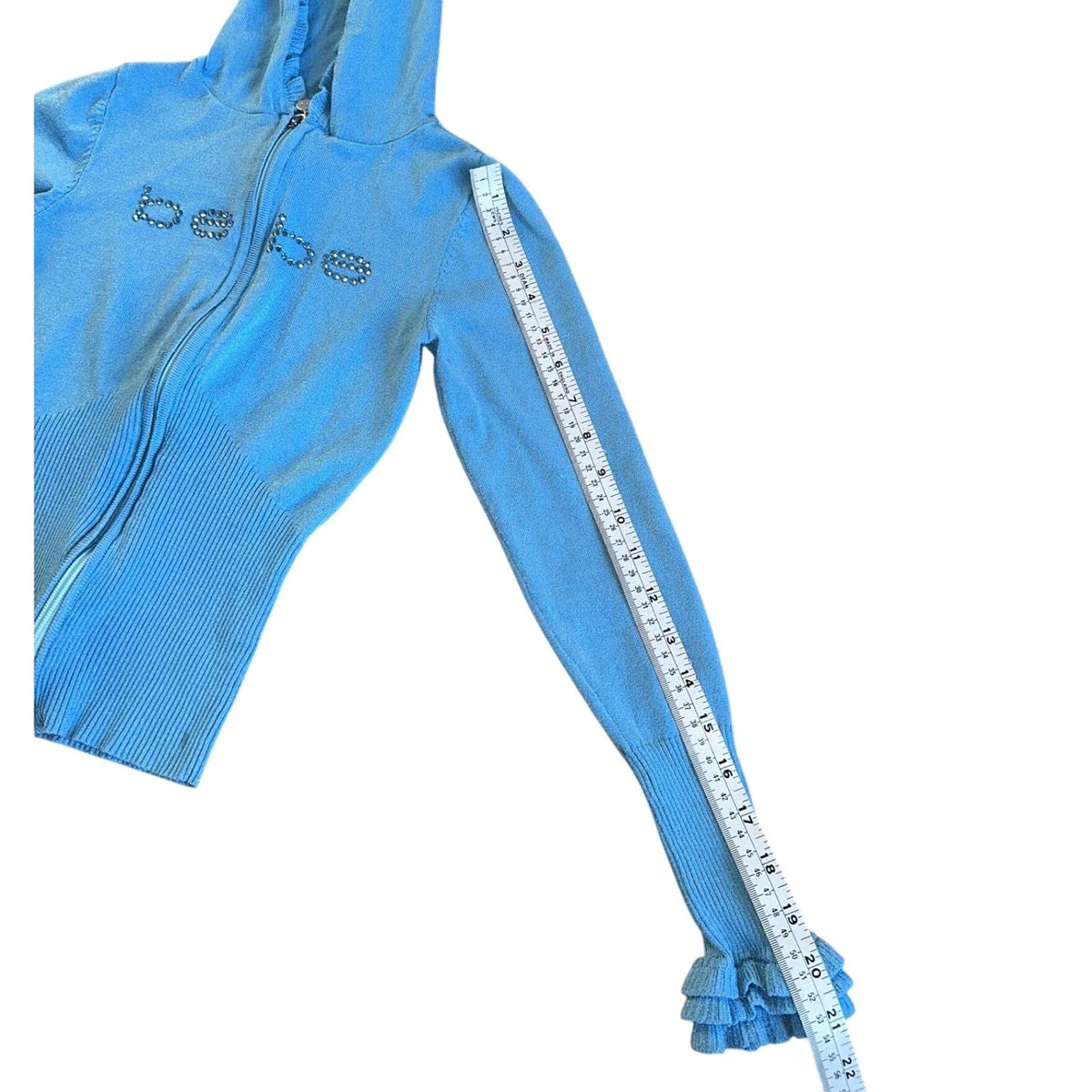 Bebe Zip Up Crop Hoodie Womens S Blue Rhinestone Ruffle Y2K Shimmer Knit 2000s