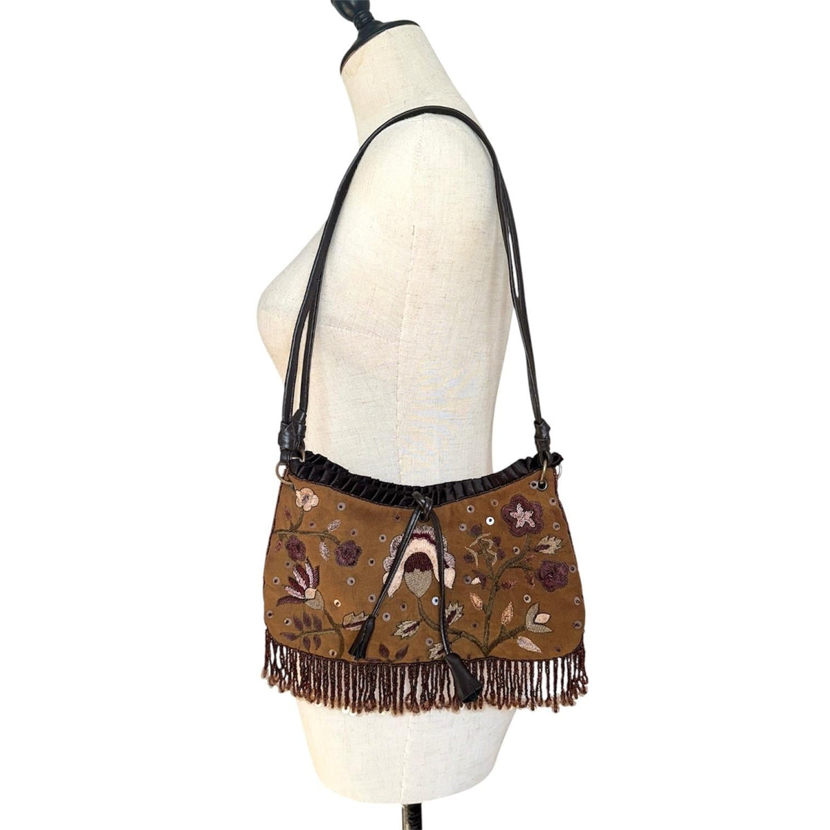 Express Floral Embroidered Beaded Fringe Shoulder Bag Women Brown Y2K Boho Small