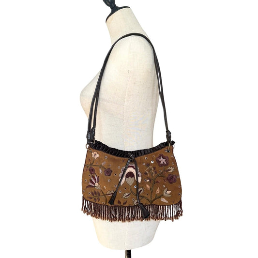Express Floral Embroidered Beaded Fringe Shoulder Bag Women Brown Y2K Boho Small