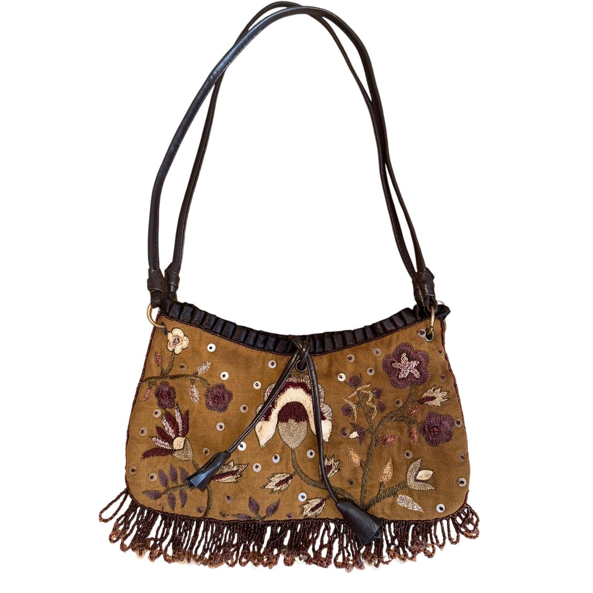 Express Floral Embroidered Beaded Fringe Shoulder Bag Women Brown Y2K Boho Small