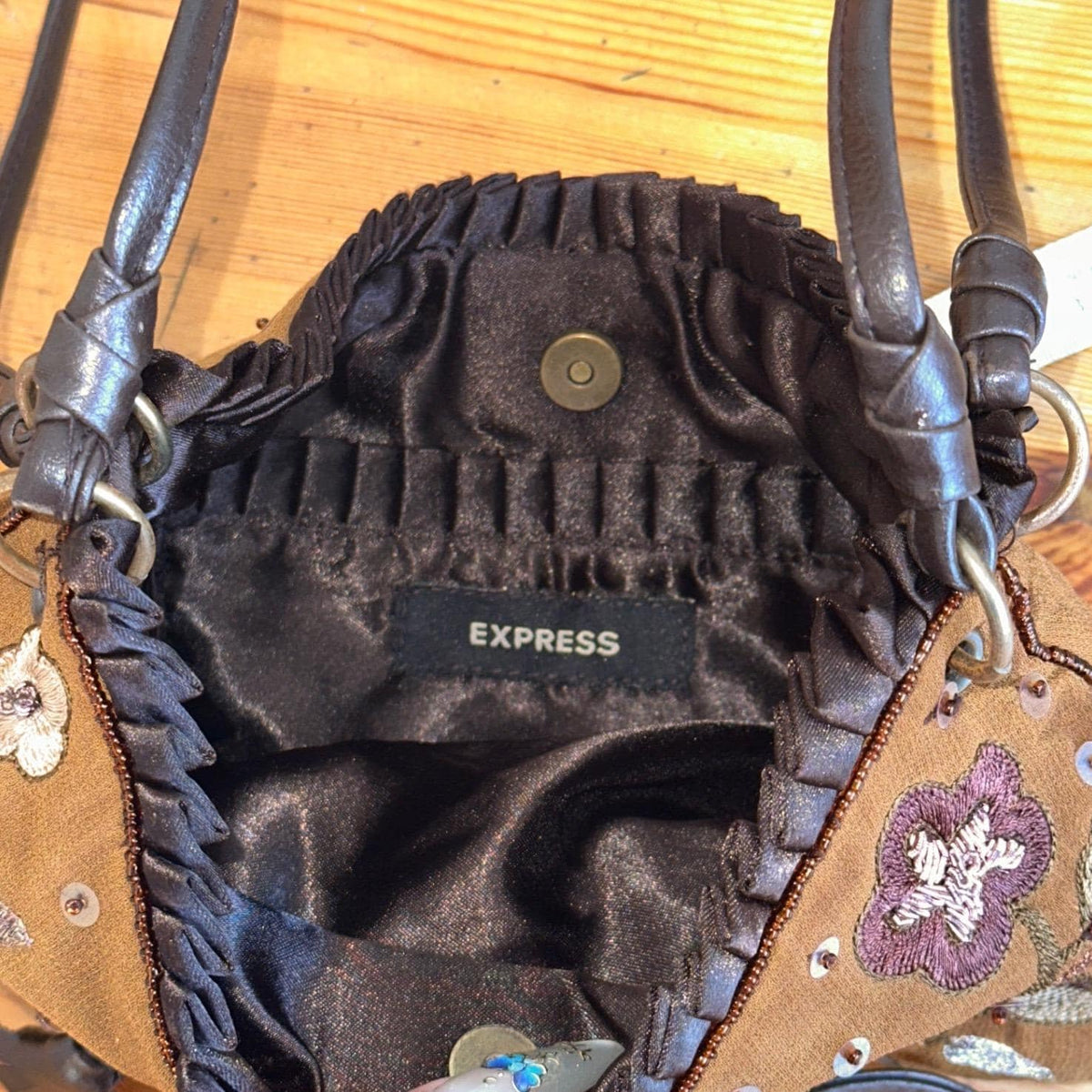 Express Floral Embroidered Beaded Fringe Shoulder Bag Women Brown Y2K Boho Small