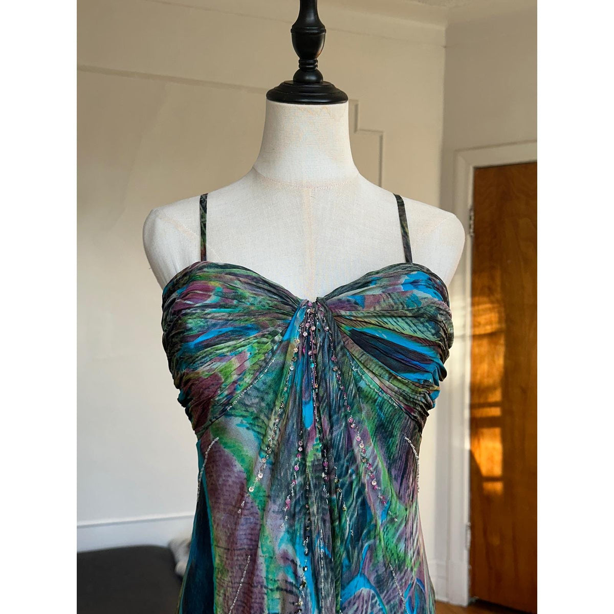 Tony Bowls Silk Peacock Print Dress Women 16 Blue Green Beaded Y2K Cocktail Prom