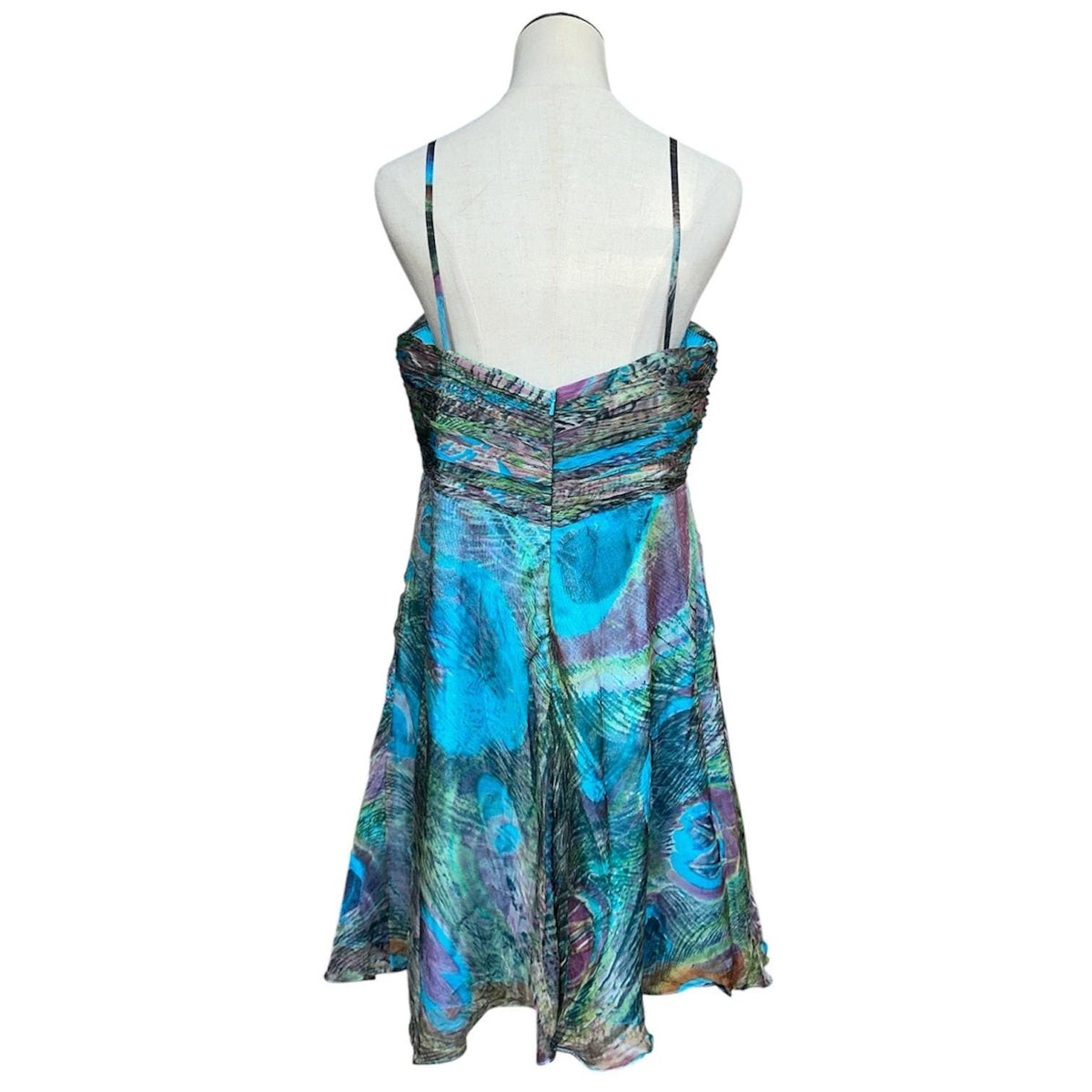 Tony Bowls Silk Peacock Print Dress Women 16 Blue Green Beaded Y2K Cocktail Prom