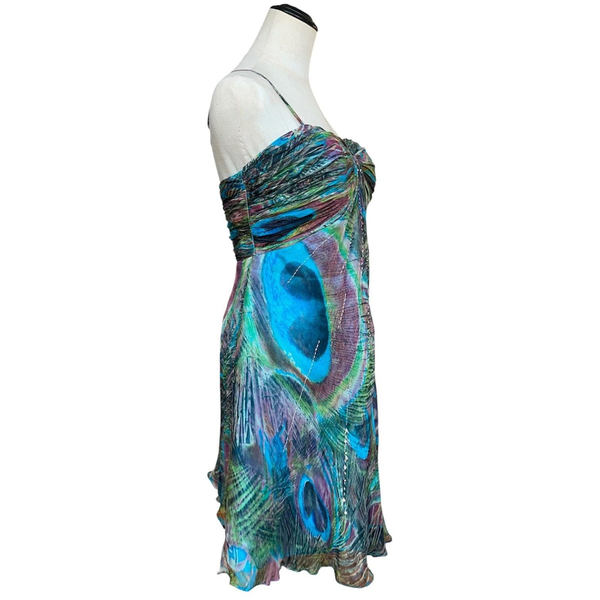 Tony Bowls Silk Peacock Print Dress Women 16 Blue Green Beaded Y2K Cocktail Prom