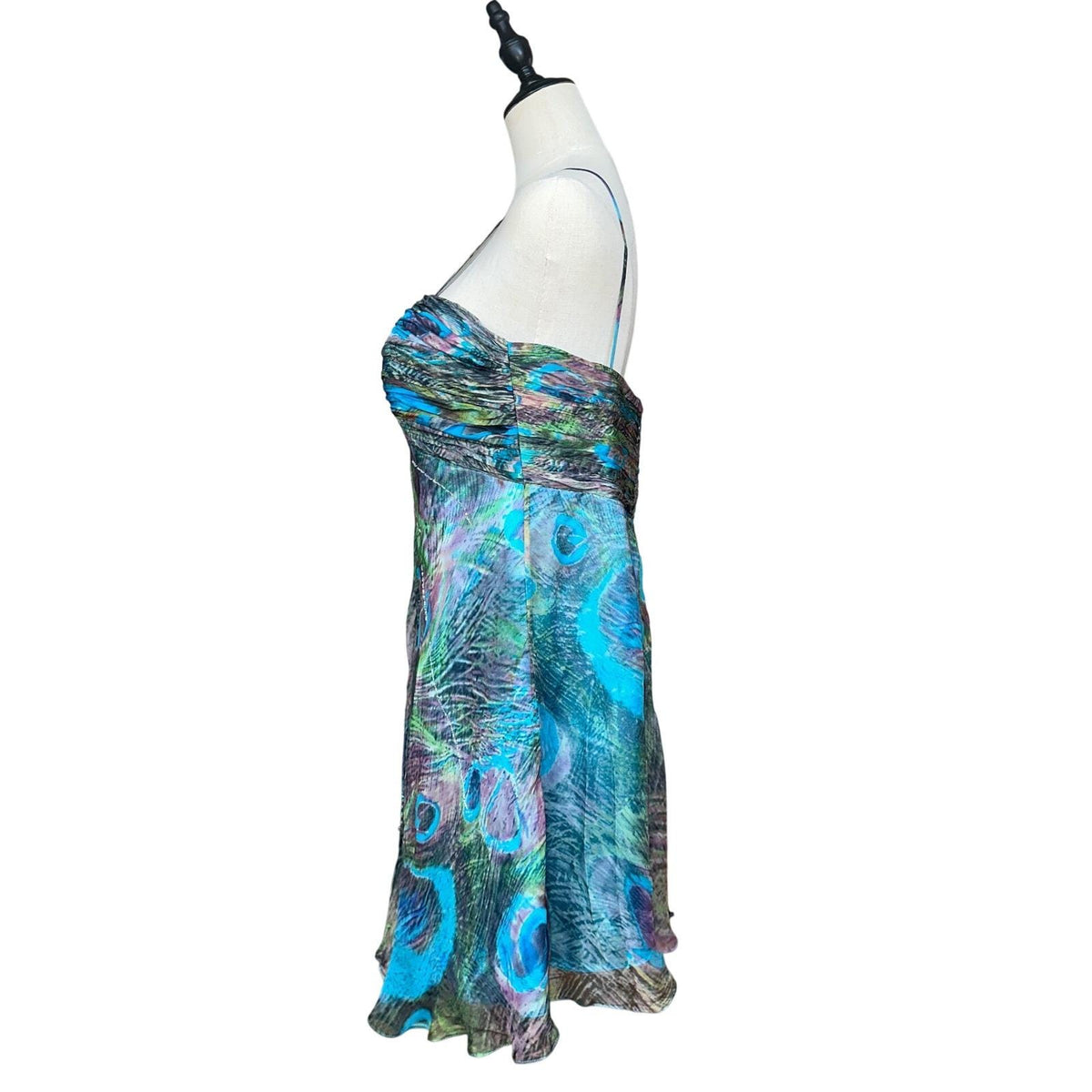 Tony Bowls Silk Peacock Print Dress Women 16 Blue Green Beaded Y2K Cocktail Prom