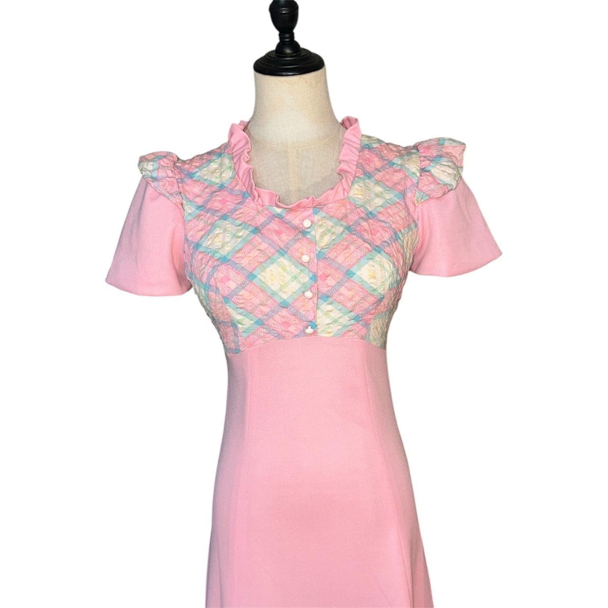 Vintage Maxi Dress Women Size 9/10 Pink Plaid Quilted Prairie Cottagecore 70s