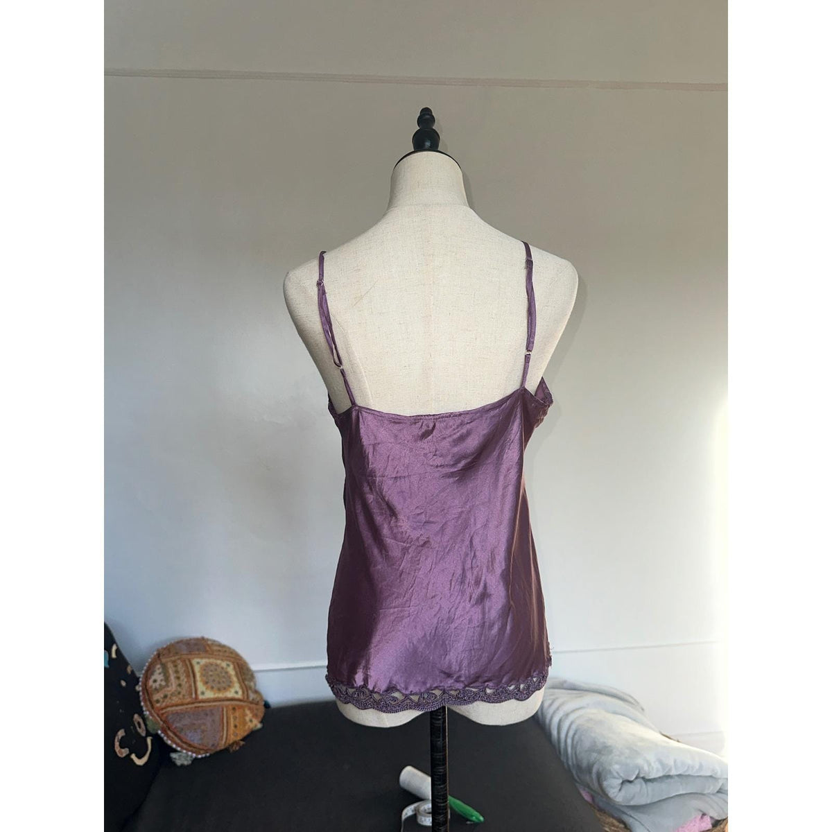 Hale Bob Silk Camisole Women M Purple Crochet Sequin Lace Trim Y2K Cami Top