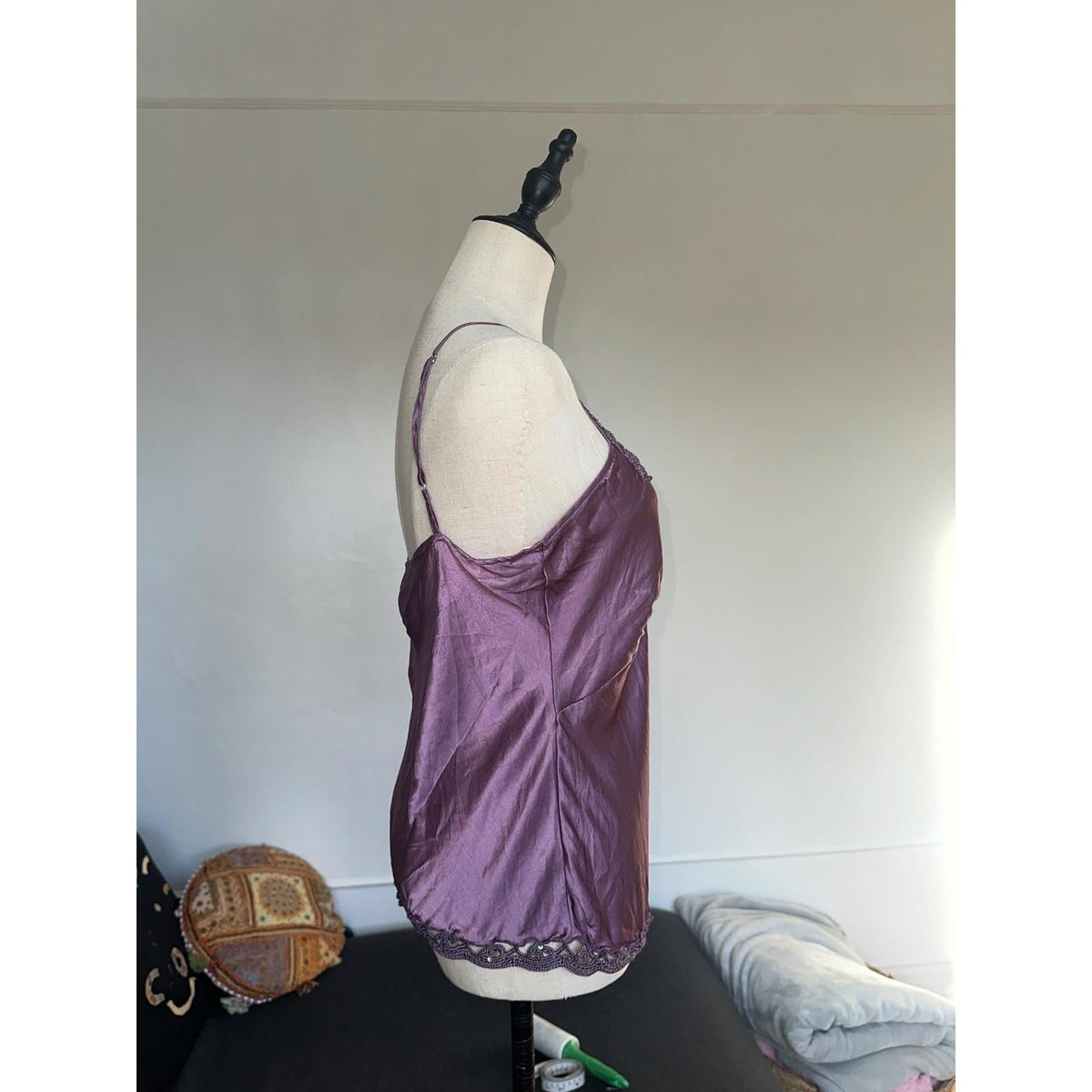 Hale Bob Silk Camisole Women M Purple Crochet Sequin Lace Trim Y2K Cami Top