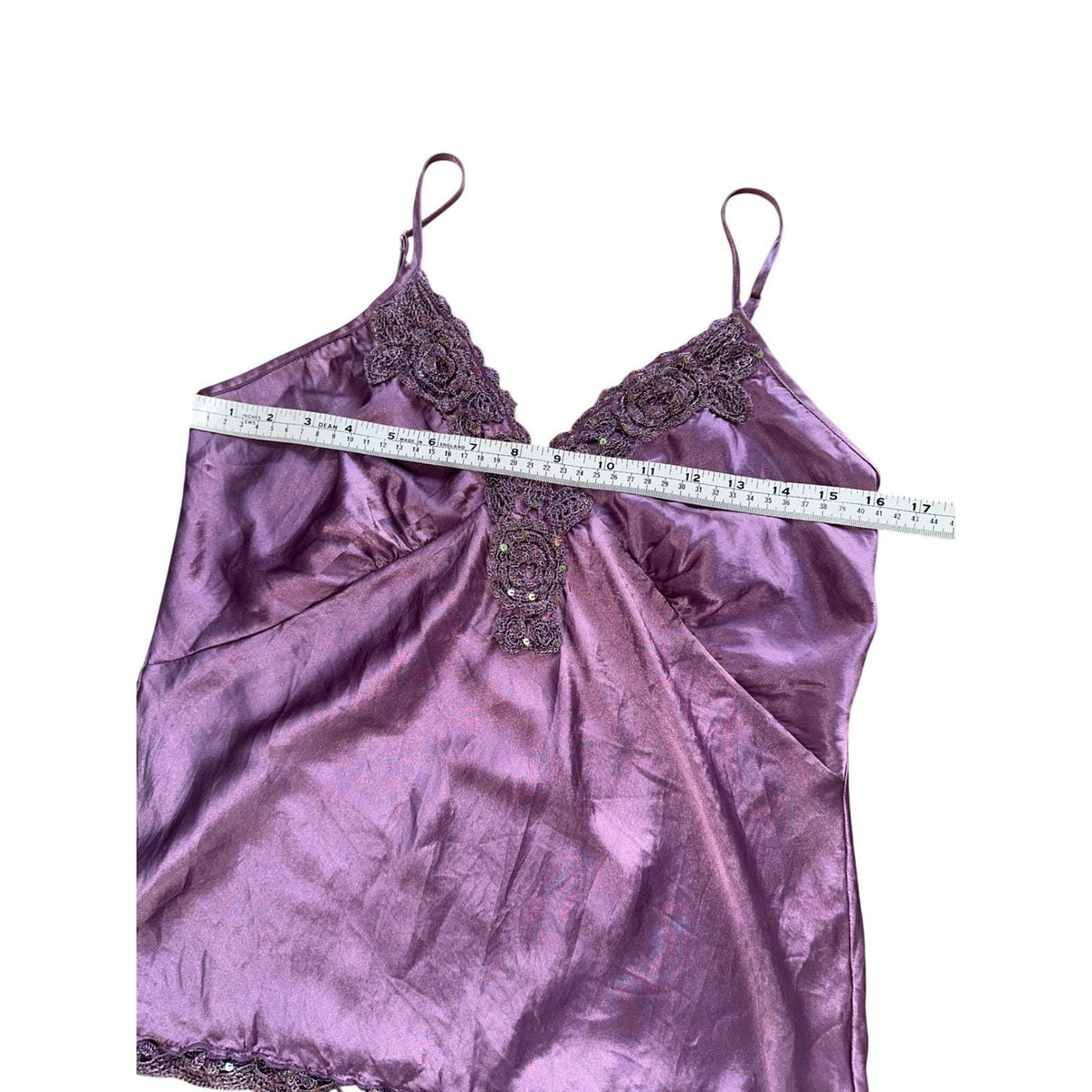 Hale Bob Silk Camisole Women M Purple Crochet Sequin Lace Trim Y2K Cami Top