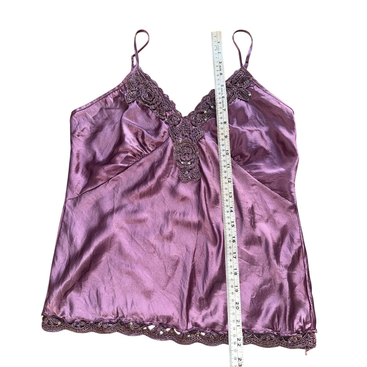 Hale Bob Silk Camisole Women M Purple Crochet Sequin Lace Trim Y2K Cami Top