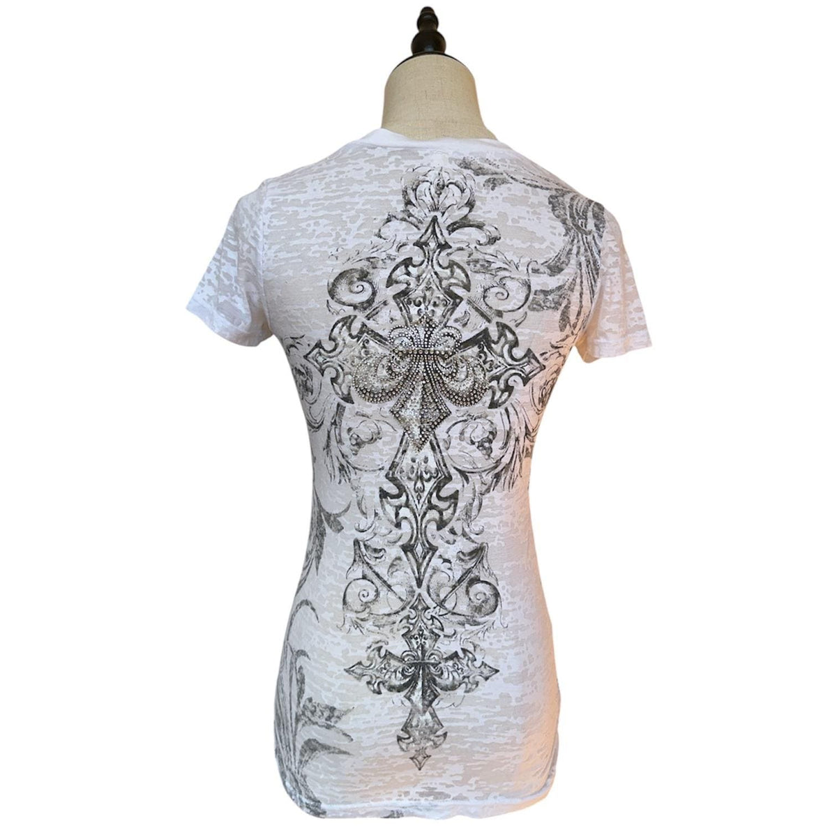 Zona Libre V-Neck Tee Women Small White Rhinestone Gothic Cross Burnout Y2K Top