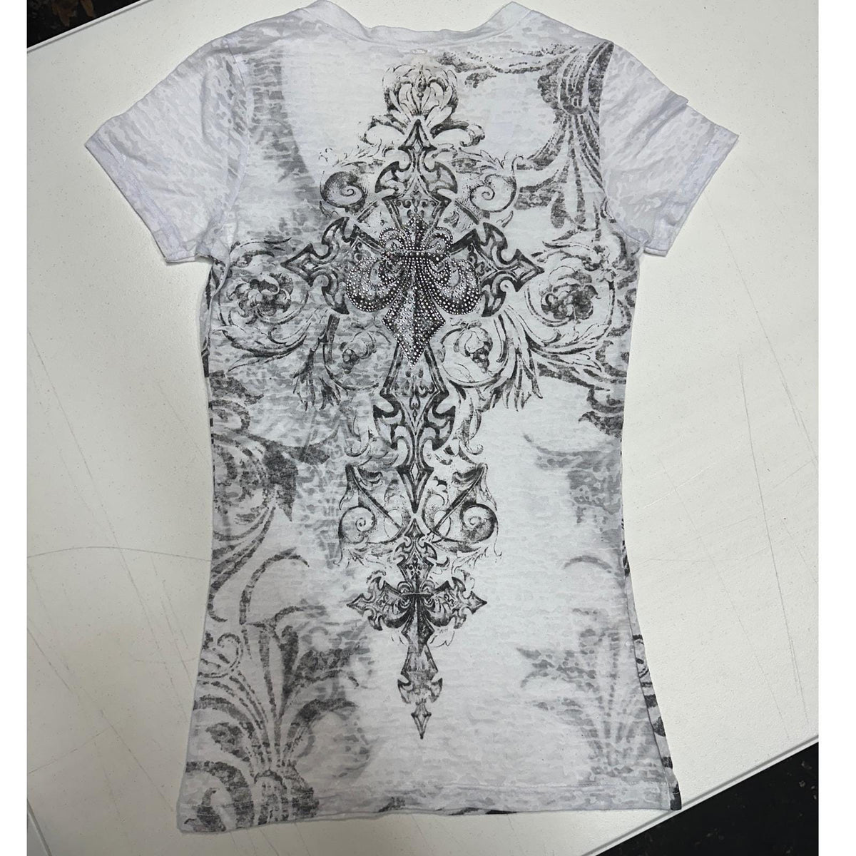 Zona Libre V-Neck Tee Women Small White Rhinestone Gothic Cross Burnout Y2K Top