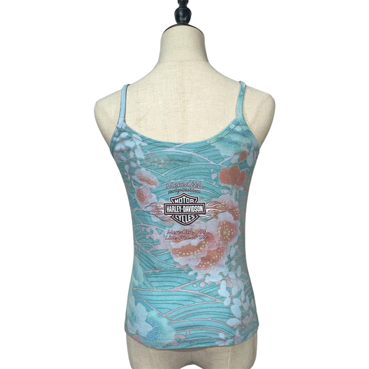 Harley-Davidson Tank Top Womens Medium Teal Floral Rhinestone Y2K Cami 2000s