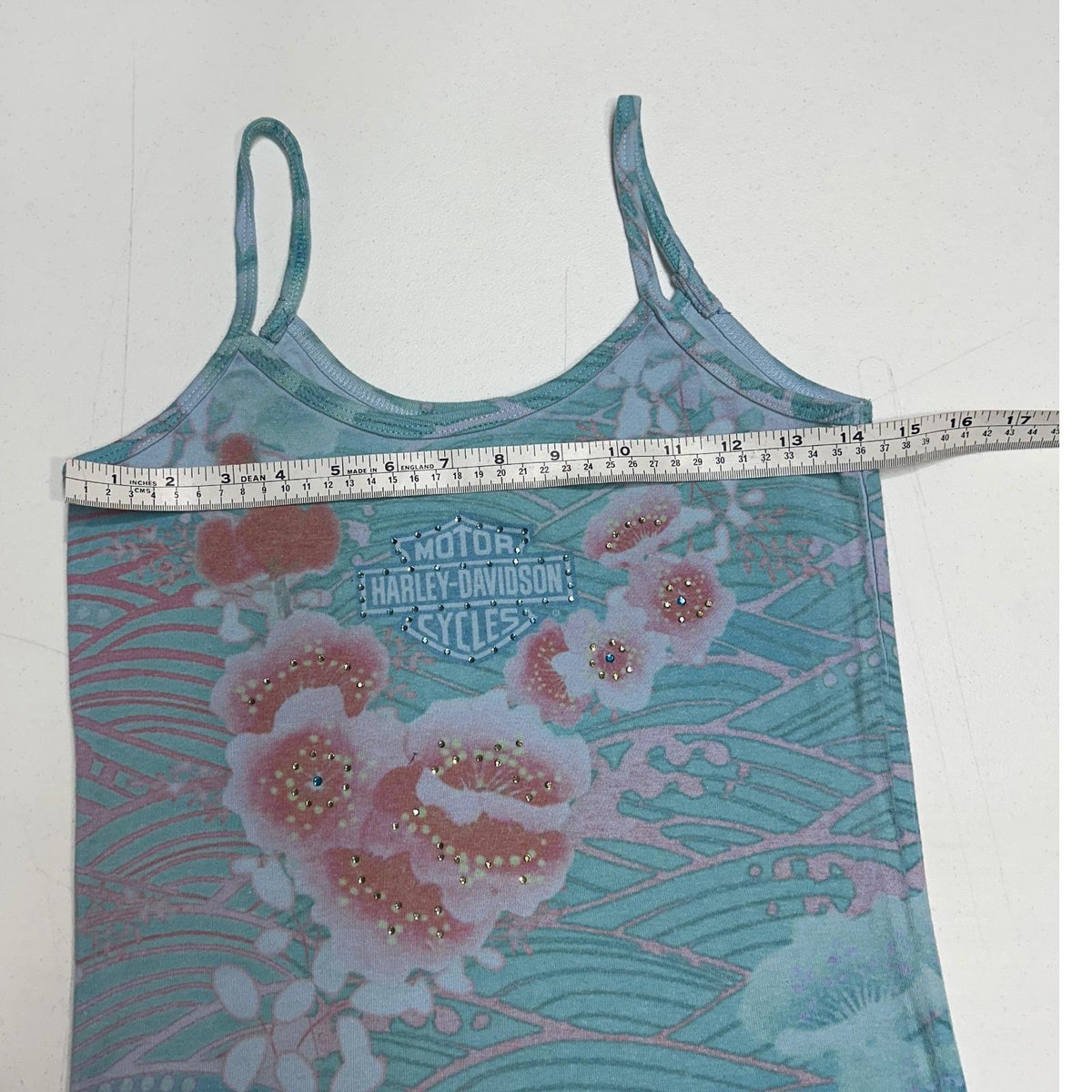 Harley-Davidson Tank Top Womens Medium Teal Floral Rhinestone Y2K Cami 2000s