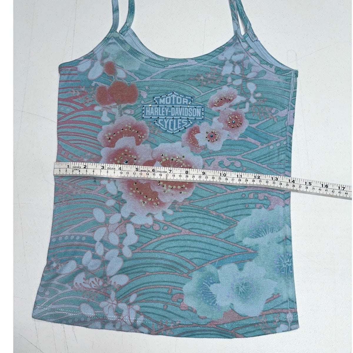 Harley-Davidson Tank Top Womens Medium Teal Floral Rhinestone Y2K Cami 2000s