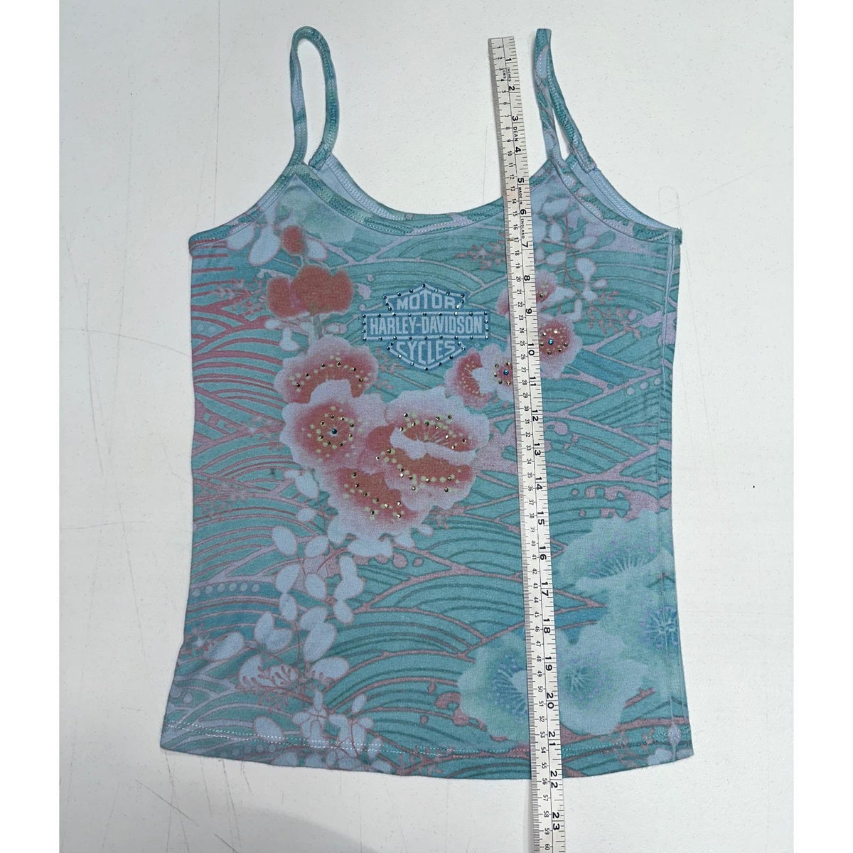 Harley-Davidson Tank Top Womens Medium Teal Floral Rhinestone Y2K Cami 2000s