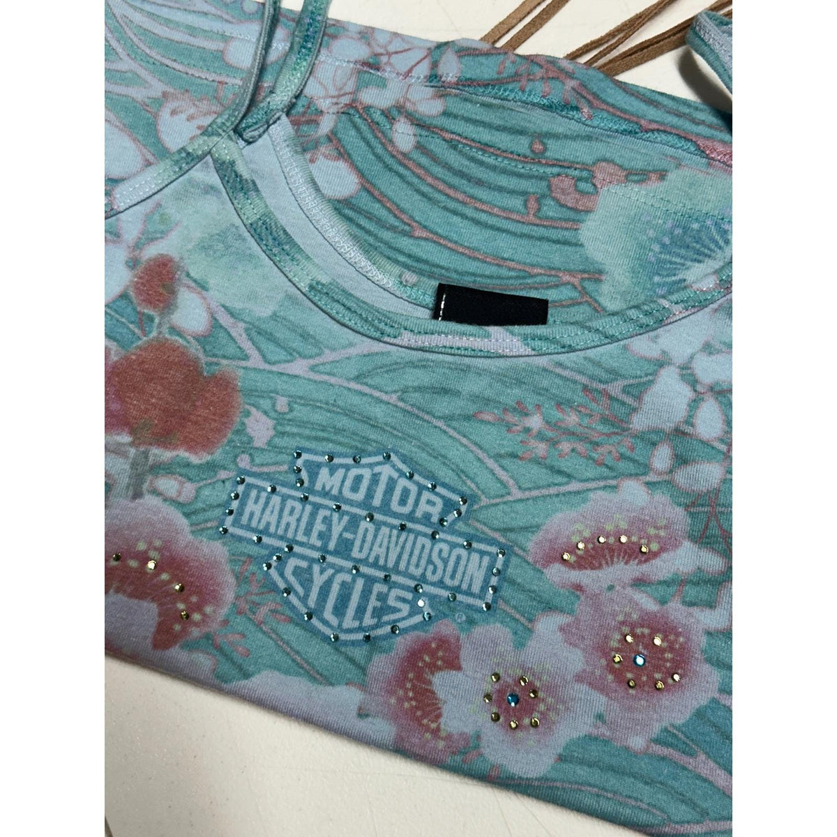 Harley-Davidson Tank Top Womens Medium Teal Floral Rhinestone Y2K Cami 2000s