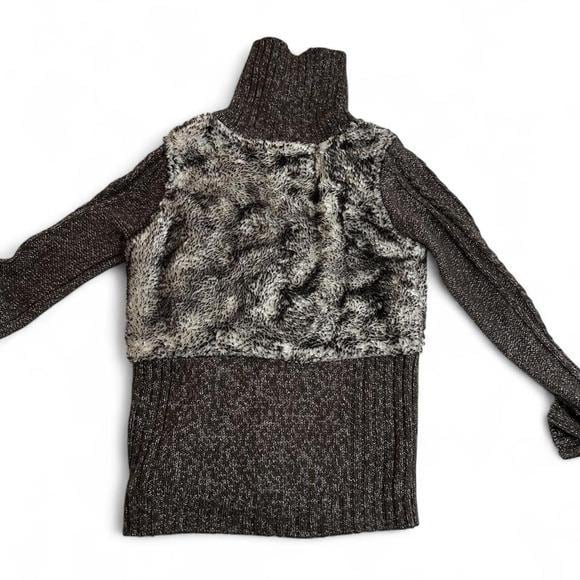 Breal Faux Fur Trim Zip Up Cardigan Women S Brown Marled Knit Y2K Funnel Neck EX