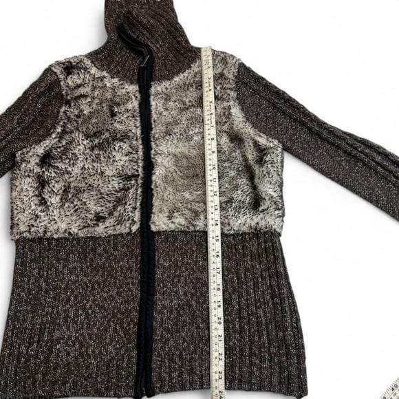 Breal Faux Fur Trim Zip Up Cardigan Women S Brown Marled Knit Y2K Funnel Neck EX