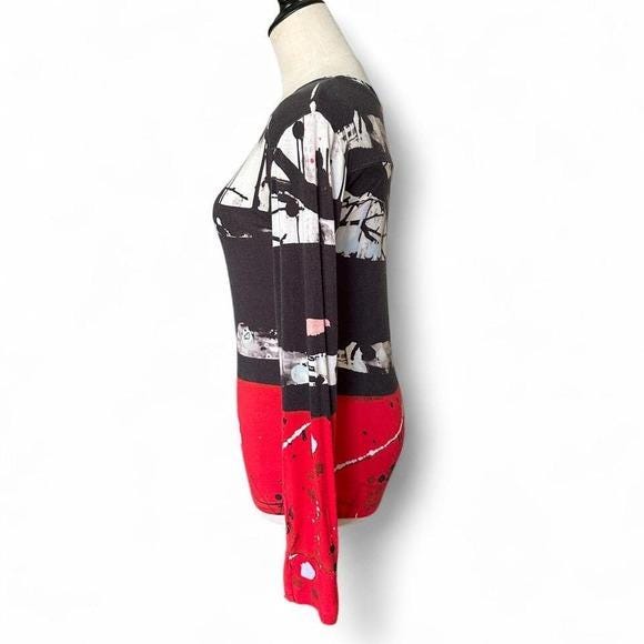 Aventures des Toiles Top Women 44 Red Black Abstract Art Splatter Long Sleeve