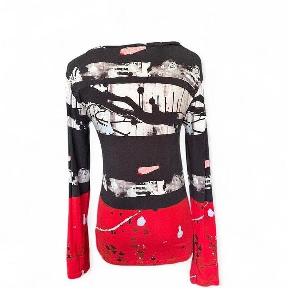Aventures des Toiles Top Women 44 Red Black Abstract Art Splatter Long Sleeve