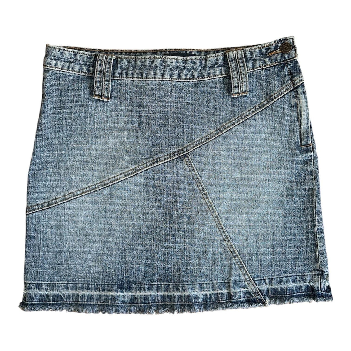 Armor Jeans Denim Mini Skirt Women 5/6 Blue Frayed Hem Y2K Asymmetrical Seam 00s