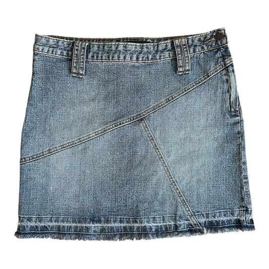 Armor Jeans Denim Mini Skirt Women 5/6 Blue Frayed Hem Y2K Asymmetrical Seam 00s