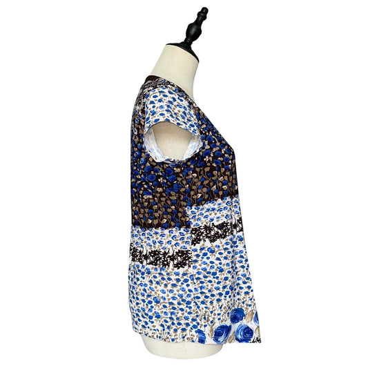 Captive Floral Surplice Top Women L Blue Brown Excellent Asymmetric Hem Y2K Vibe