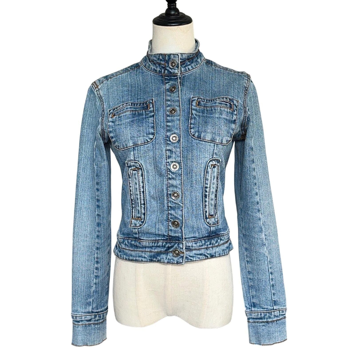 Fixx Denim Jacket Women Small Blue Light Wash Excellent Y2K Mock Neck Cropped