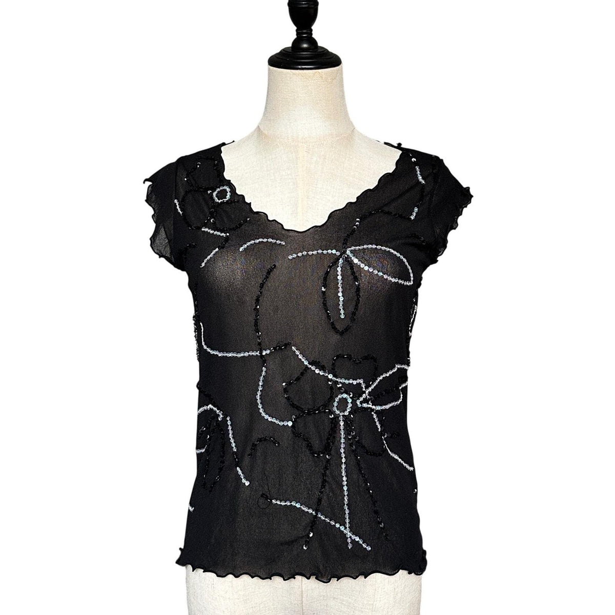 Unbranded Sequin Floral Mesh Top Womens M Black Excellent Y2K Fairycore 2000s