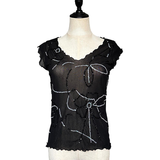 Unbranded Sequin Floral Mesh Top Womens M Black Excellent Y2K Fairycore 2000s
