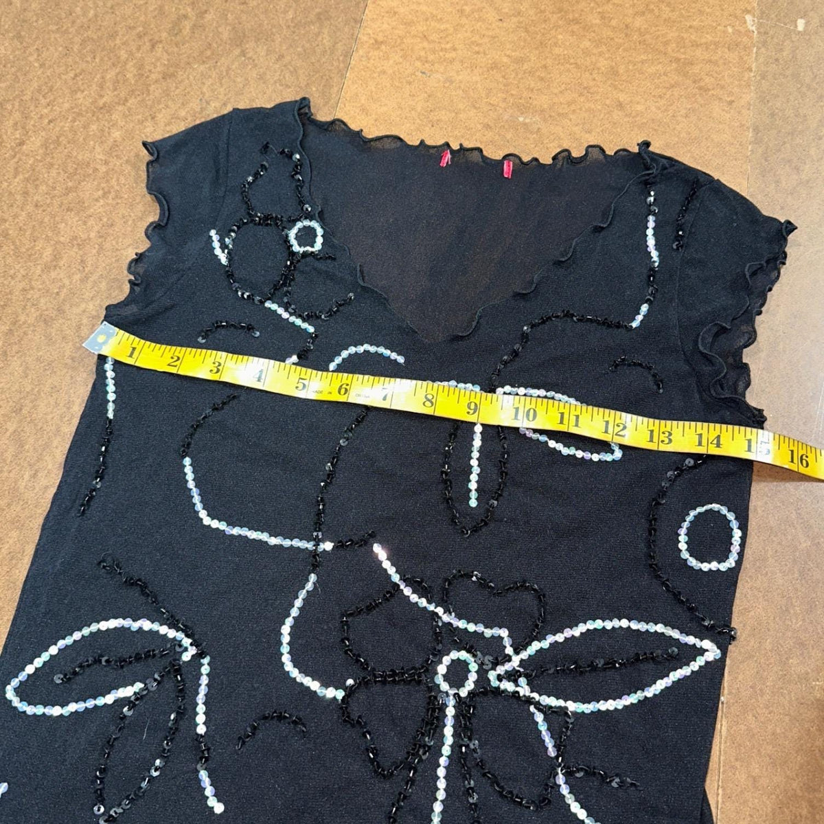 Unbranded Sequin Floral Mesh Top Womens M Black Excellent Y2K Fairycore 2000s