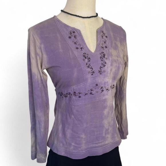 Caprice de Fille Top Teen 16 Purple Tie Dye Embroidered Y2K Boho Long Sleeve