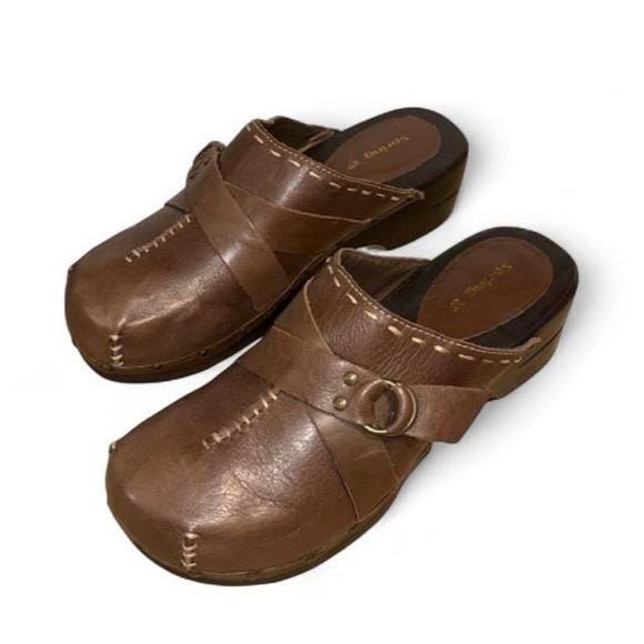 Spring Step Clogs Women 41 Brown Leather Studded Whipstitch Wood Mules Y2K Boho