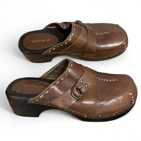 Spring Step Clogs Women 41 Brown Leather Studded Whipstitch Wood Mules Y2K Boho