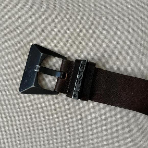 Diesel Leather Belt Mens 90cm Brown Excellent Geometric Buckle Y2K Made in Italy