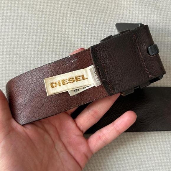 Diesel Leather Belt Mens 90cm Brown Excellent Geometric Buckle Y2K Made in Italy