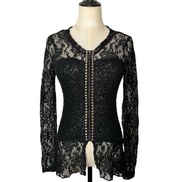 Unbranded Lace Zip Up Top Womens S Black Studded Boucle Y2K Goth Grunge